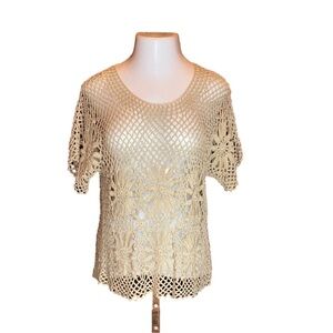 ROZ & ALI Gorgeous Tan Taupe Crochet Lace Top Size L